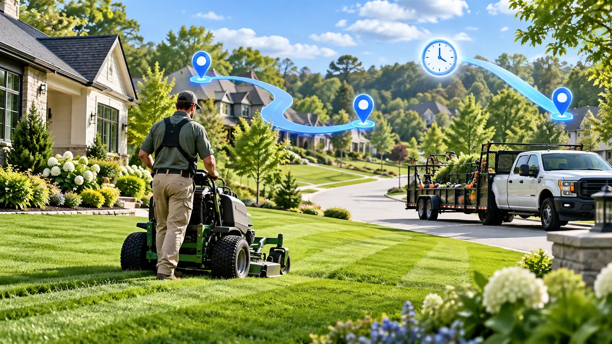 Lawn care worker mowing beside a service truck, with illustrated route markers and a clock