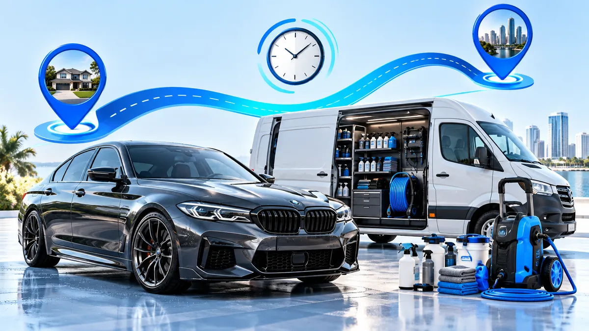 Mobile detailing van and car with a travel route and clock