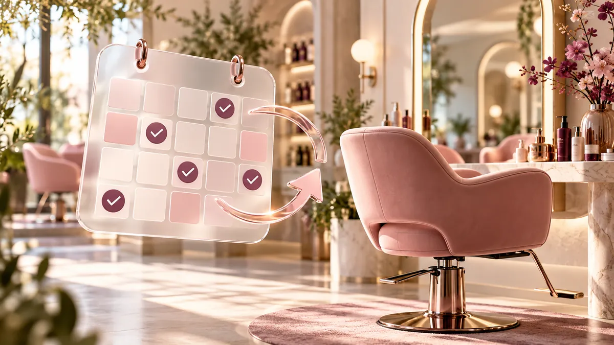 Blush salon chair with a translucent rebooking calendar and repeat-booking arrow